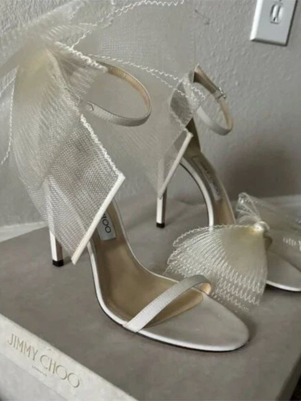 Jimmy Choo Aveline 100 Latte Sandals with Asymmetric Grosgrain Fascinator Bows